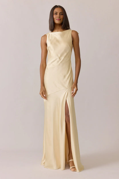 Stylish Refined Beautiful Timeless Elegant Satin High Neck Sleeveless Floor-Length Prom Dress