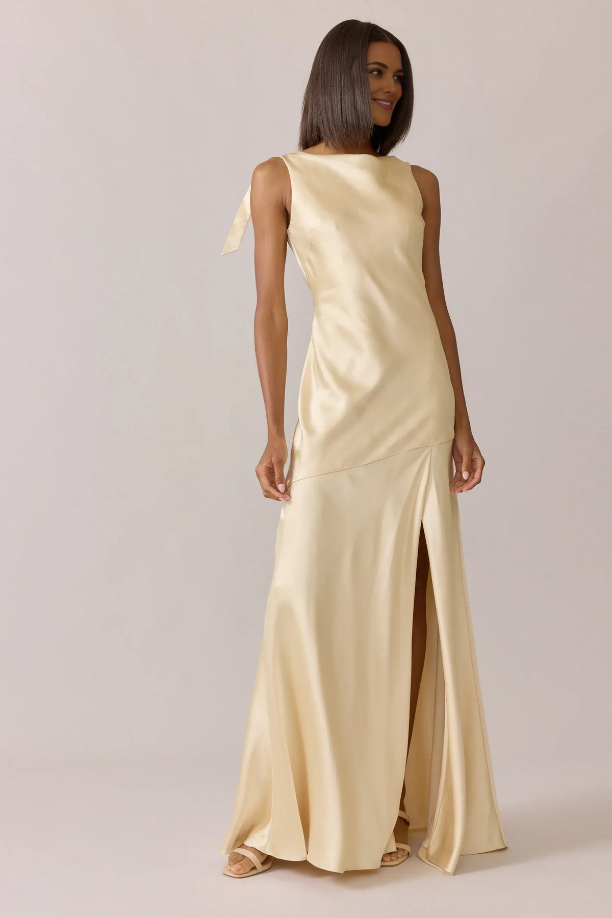 Stylish Refined Beautiful Timeless Elegant Satin High Neck Sleeveless Floor-Length Prom Dress