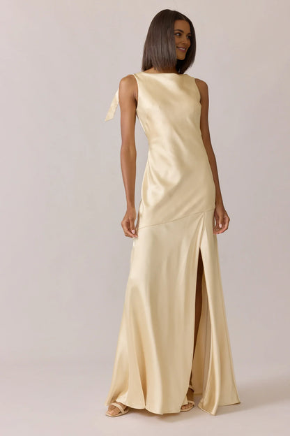 Stylish Refined Beautiful Timeless Elegant Satin High Neck Sleeveless Floor-Length Prom Dress