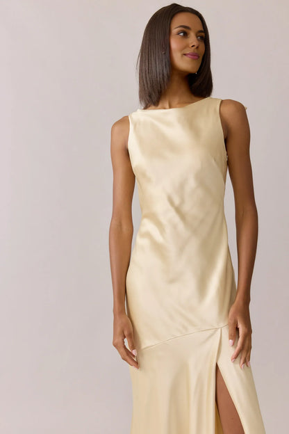 Stylish Refined Beautiful Timeless Elegant Satin High Neck Sleeveless Floor-Length Prom Dress