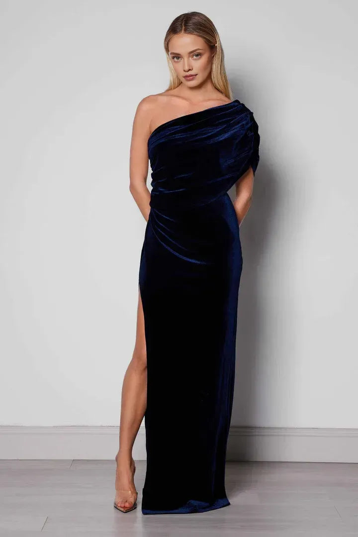 Graceful Stylish Refined Beautiful Elegant Navy Blue Velvet Sleeveless Floor-Length Prom Dress