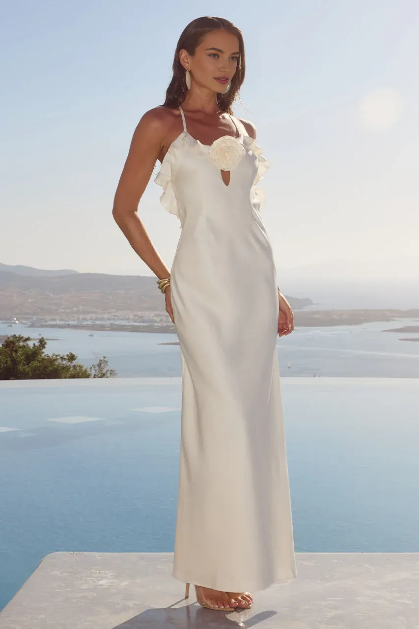 Special Occasion Sophisticated Graceful Stylish Refined Elegant Ivory Satin Sleeveless Floor-Length Prom Dress