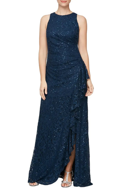 Elegant Navy Blue Lace Mermaid High Neck Sleeveless Floor-Length Mother of the Bride Dress