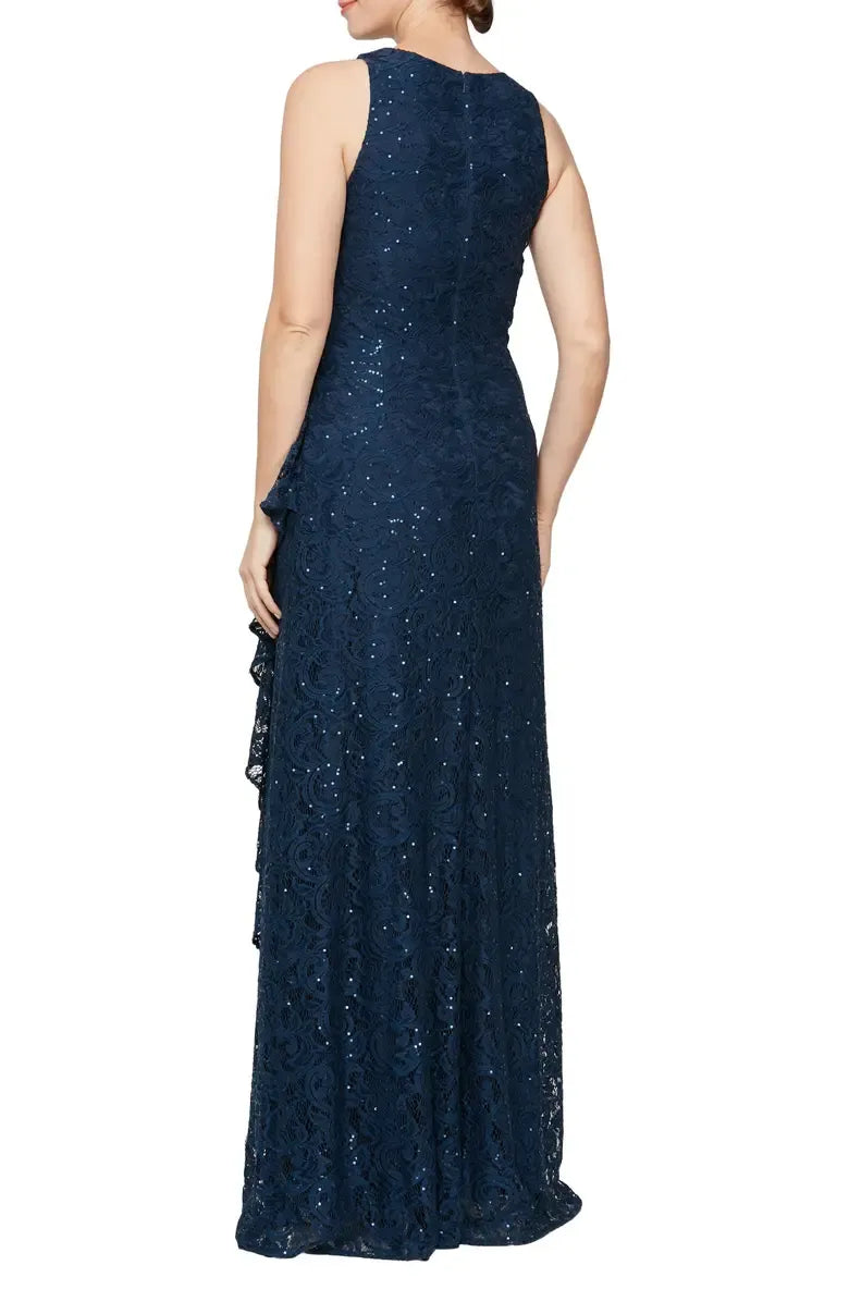Elegant Navy Blue Lace Mermaid High Neck Sleeveless Floor-Length Mother of the Bride Dress