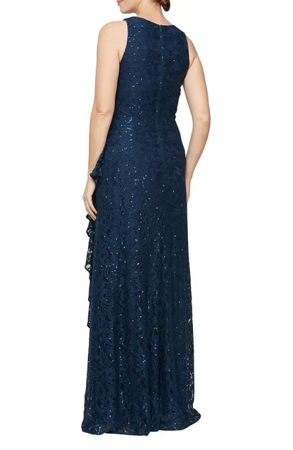 Elegant Navy Blue Lace Mermaid High Neck Sleeveless Floor-Length Mother of the Bride Dress