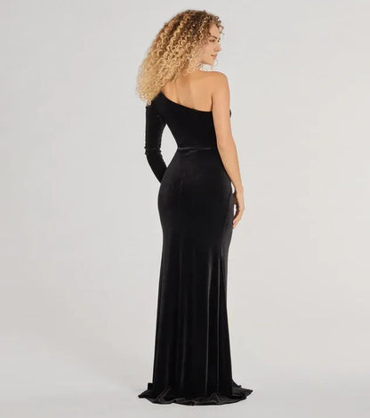 Special Occasion Sophisticated Elegant Black Velvet Mermaid One-Shoulder Long Sleeve Long Prom Dress