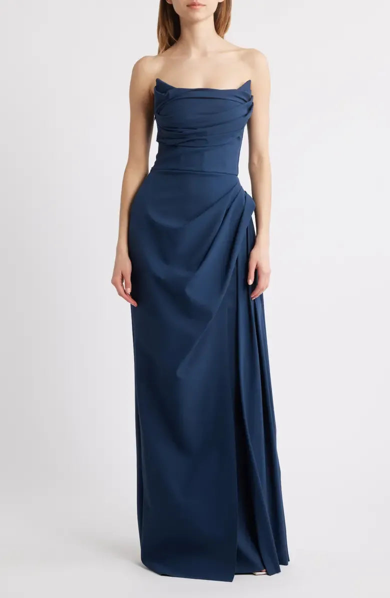 Graceful Stylish Refined Elegant Navy Blue Mermaid Strapless Sleeveless Floor-Length Prom Dress