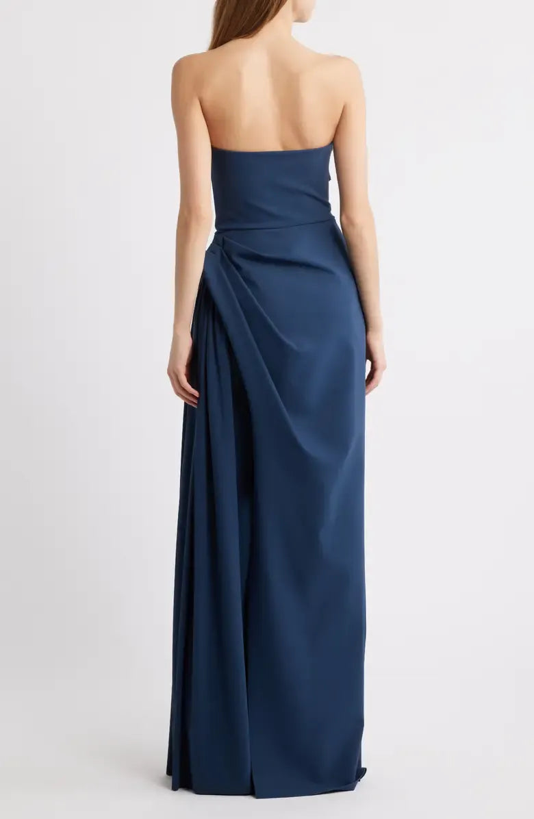 Graceful Stylish Refined Elegant Navy Blue Mermaid Strapless Sleeveless Floor-Length Prom Dress