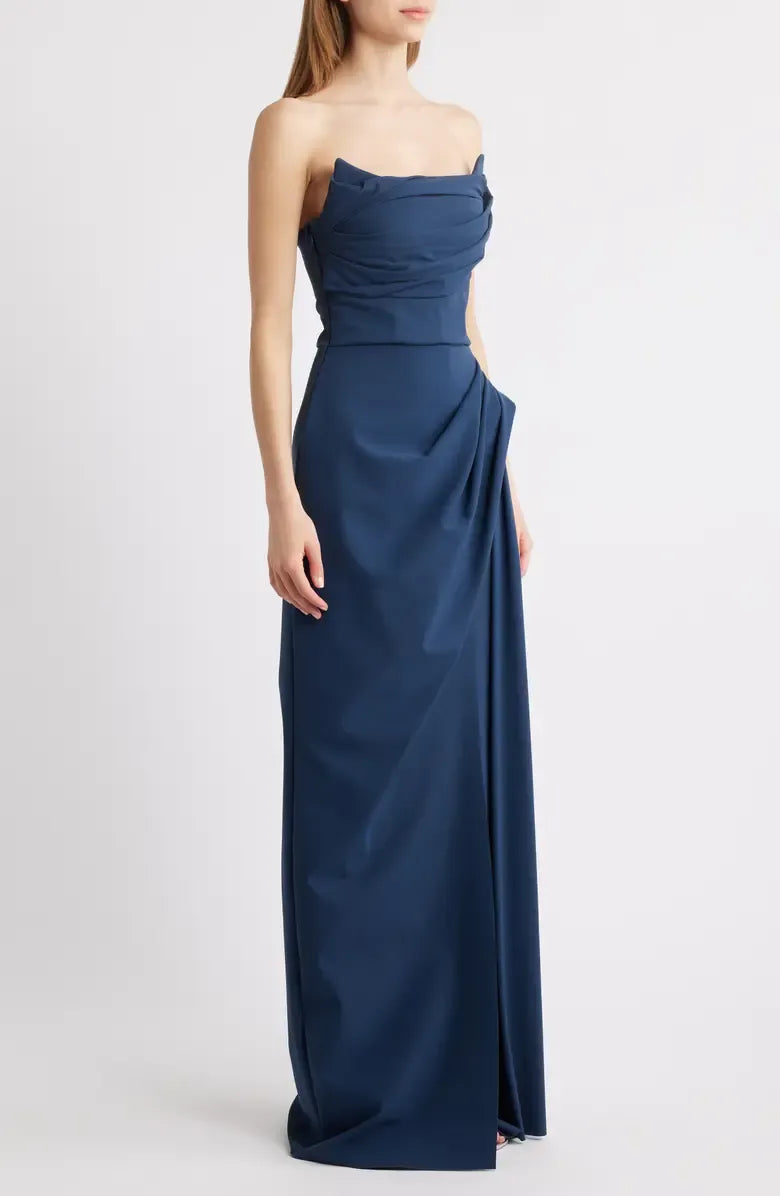 Graceful Stylish Refined Elegant Navy Blue Mermaid Strapless Sleeveless Floor-Length Prom Dress