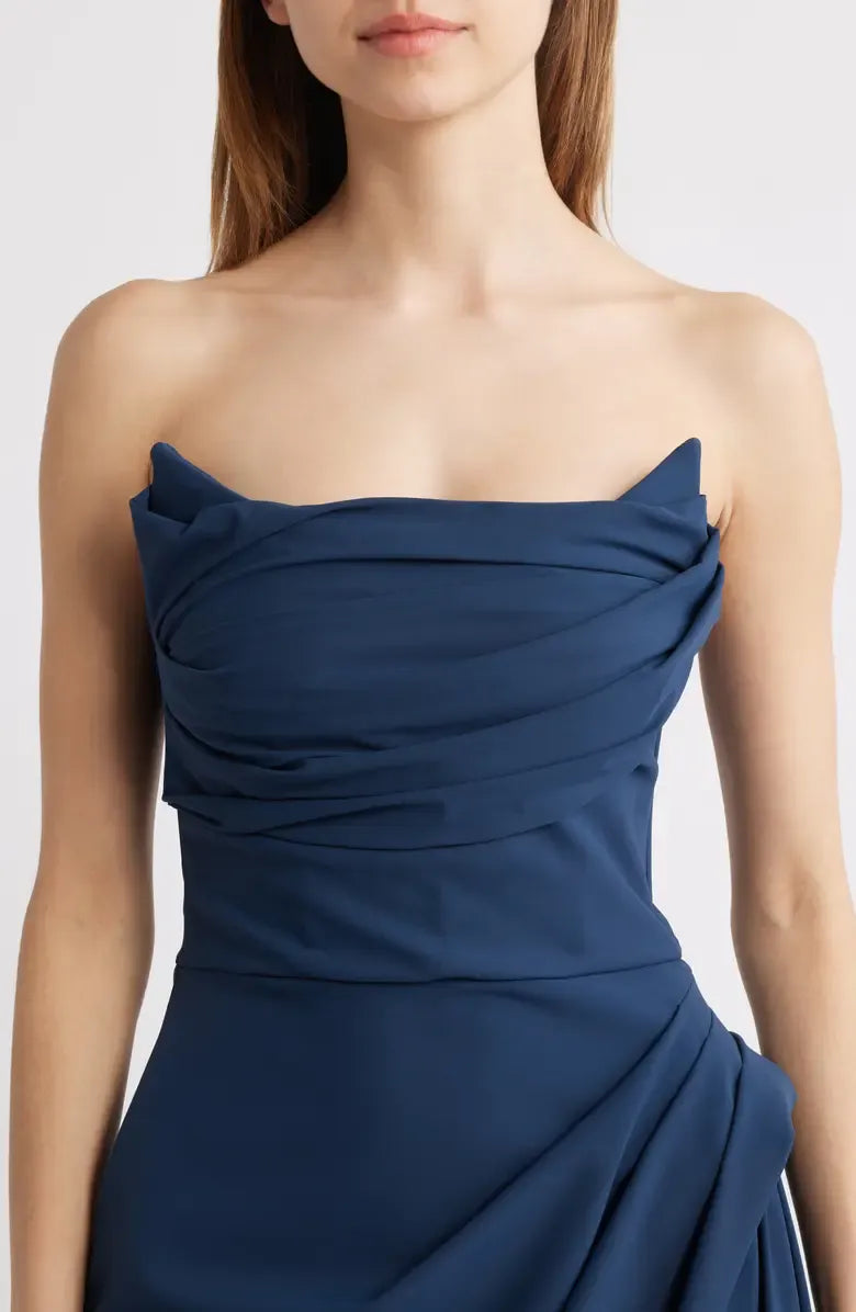 Graceful Stylish Refined Elegant Navy Blue Mermaid Strapless Sleeveless Floor-Length Prom Dress
