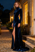 Elegant Navy Blue Velvet Mermaid High Neck Long Sleeve Long Prom Dress