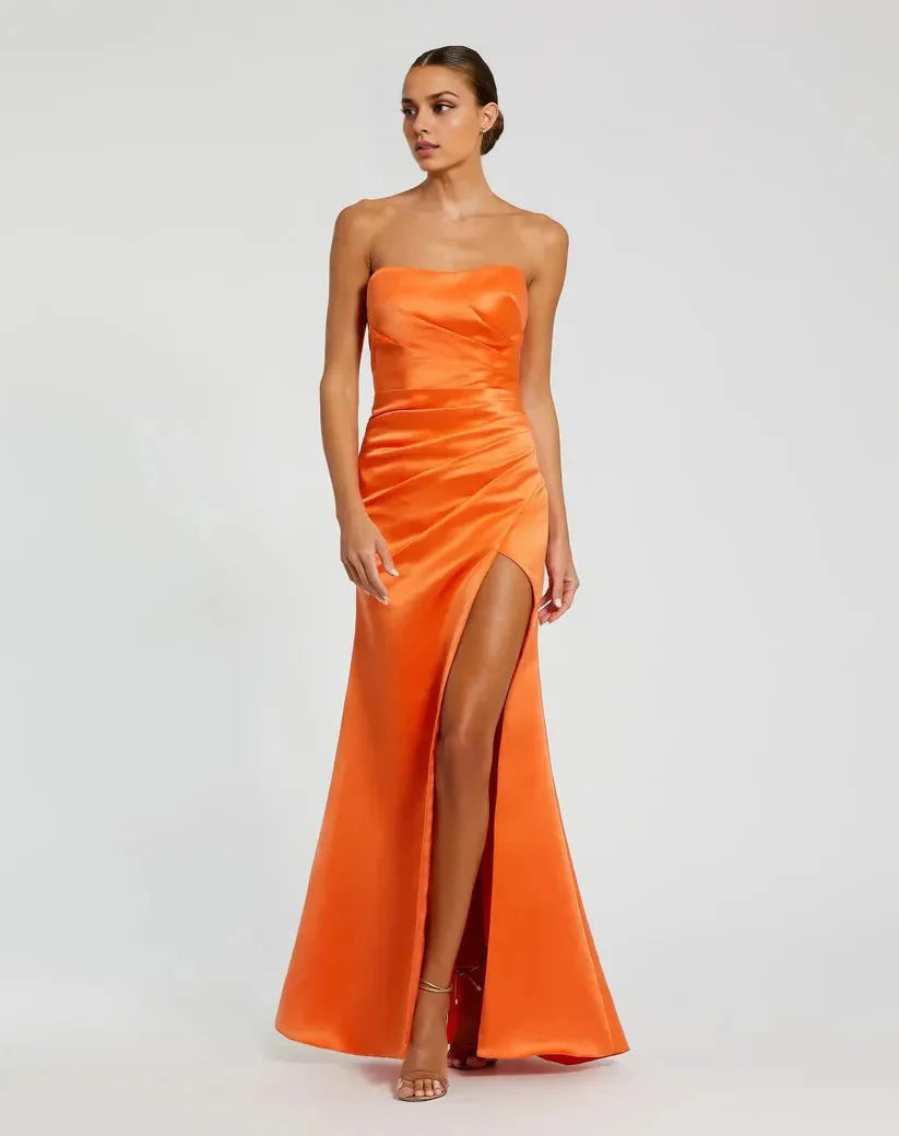 Sophisticated Graceful Stylish Elegant Red Satin Mermaid Strapless Sleeveless Floor-Length Prom Dress