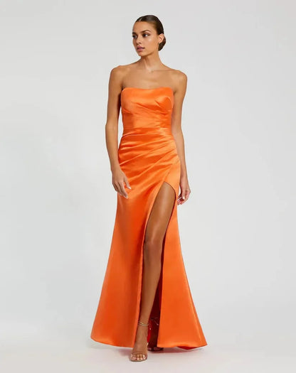 Sophisticated Graceful Stylish Elegant Red Satin Mermaid Strapless Sleeveless Floor-Length Prom Dress