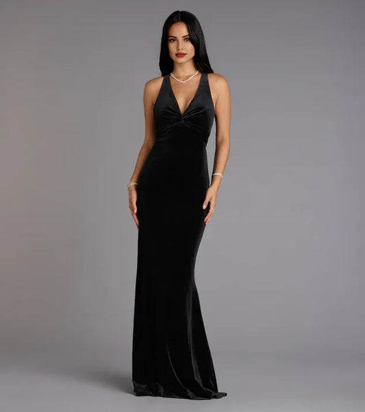 Beautiful Timeless Special Occasion Elegant Black Velvet Mermaid Sleeveless Floor-Length Prom Dress