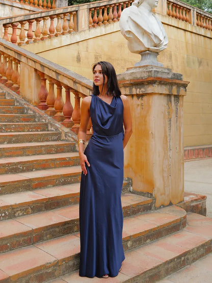 Stylish Refined Elegant Navy Blue Satin Sheath Cowl Sleeveless Floor-Length Prom Dress