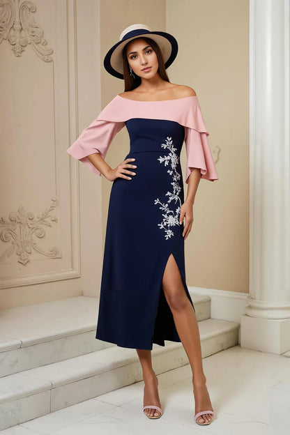 Elegant Navy Blue Sheath Short Sleeve Tea-Length Mother of the Bride Dress