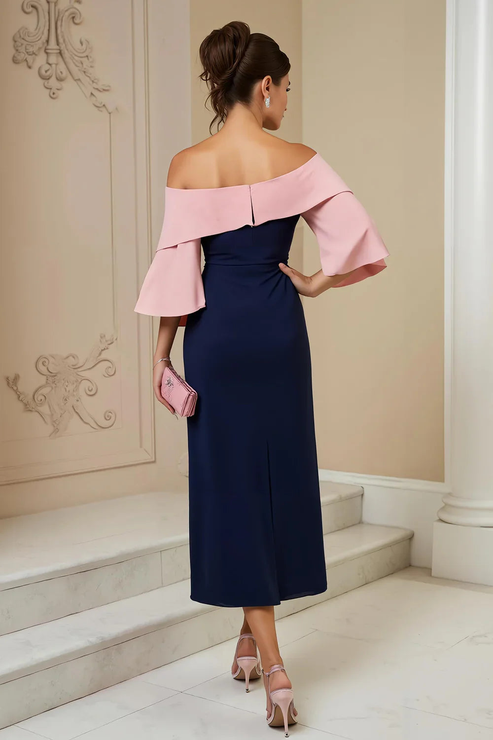 Elegant Navy Blue Sheath Short Sleeve Tea-Length Mother of the Bride Dress