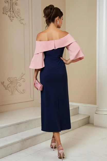 Elegant Navy Blue Sheath Short Sleeve Tea-Length Mother of the Bride Dress