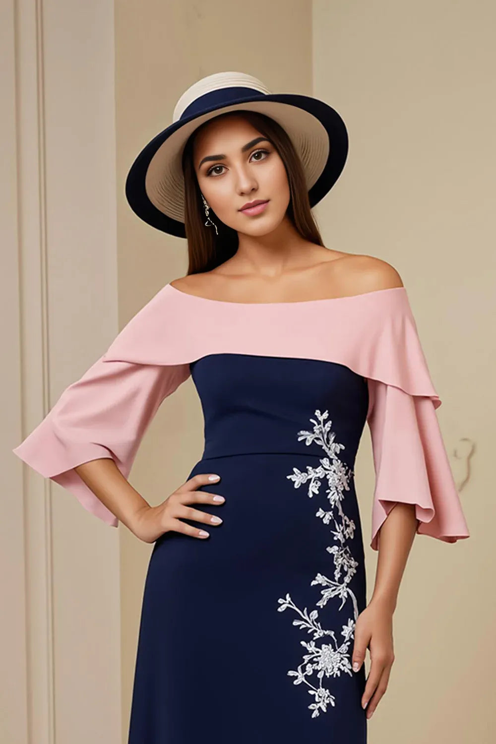Elegant Navy Blue Sheath Short Sleeve Tea-Length Mother of the Bride Dress