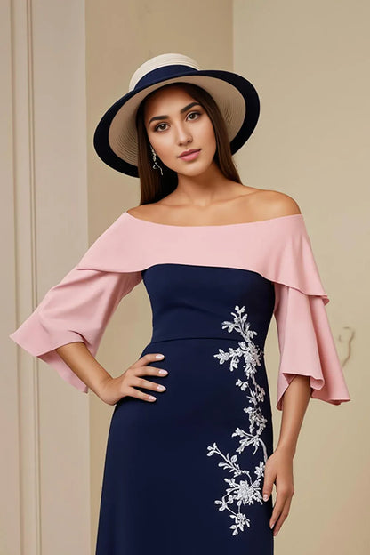 Elegant Navy Blue Sheath Short Sleeve Tea-Length Mother of the Bride Dress