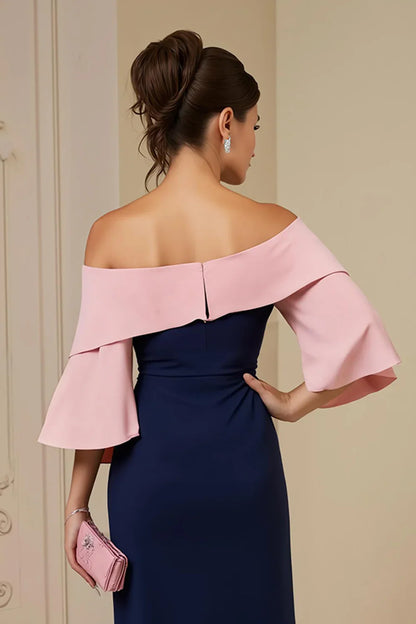 Elegant Navy Blue Sheath Short Sleeve Tea-Length Mother of the Bride Dress