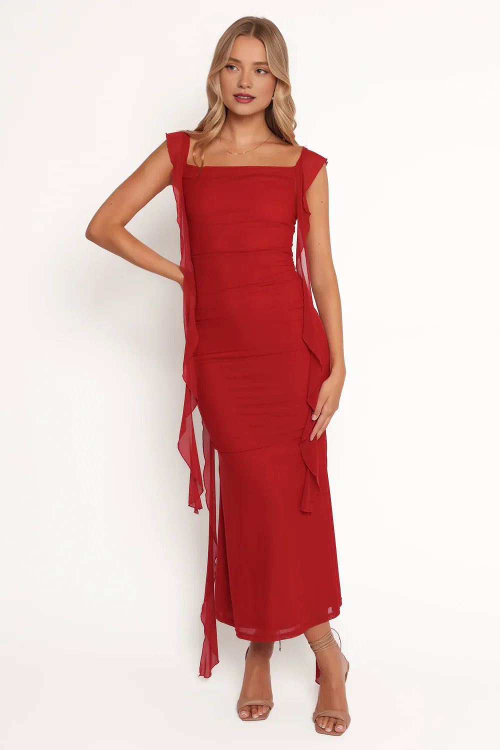 Sophisticated Graceful Elegant Red Chiffon Sheath Square Neck Sleeveless Floor-Length Prom Dress