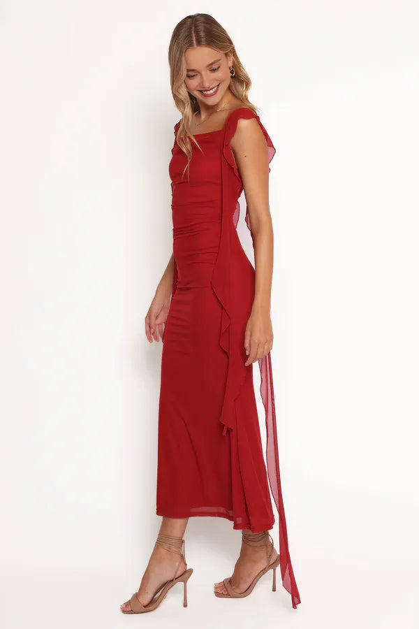 Sophisticated Graceful Elegant Red Chiffon Sheath Square Neck Sleeveless Floor-Length Prom Dress