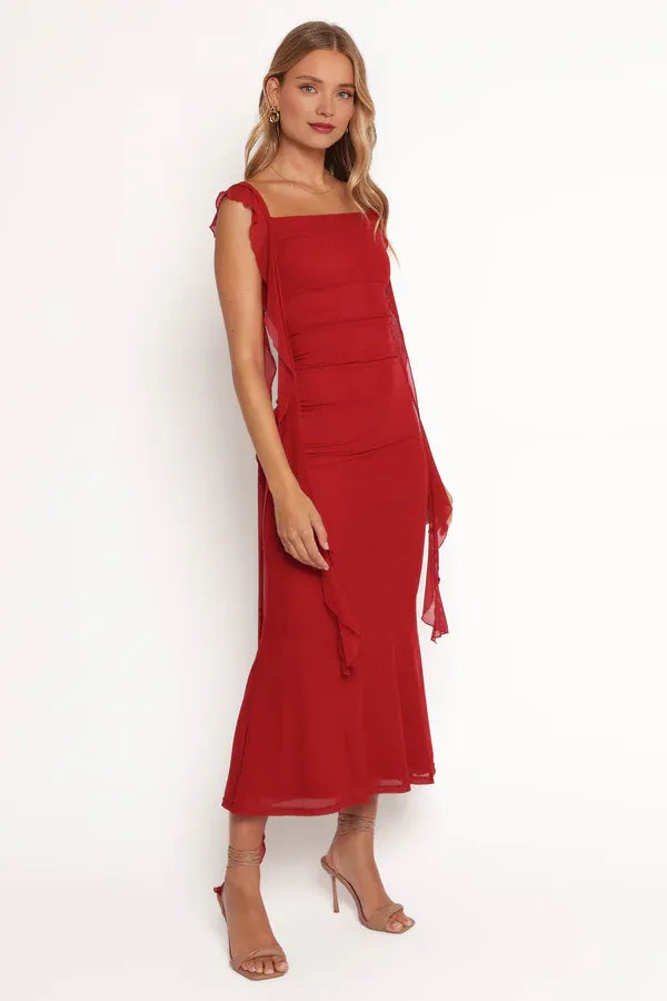 Sophisticated Graceful Elegant Red Chiffon Sheath Square Neck Sleeveless Floor-Length Prom Dress