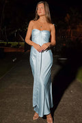 Timeless Chic Elegant Sky Blue Satin Sheath Strapless Sleeveless Floor-Length Prom Dress