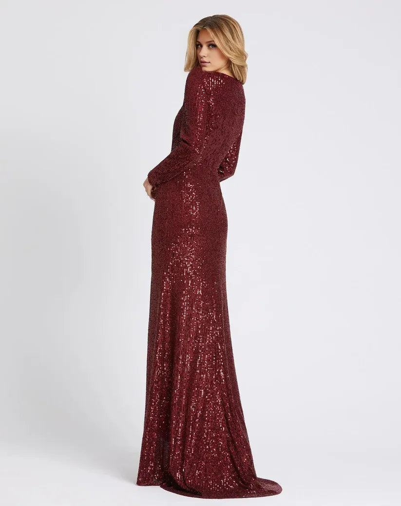 Refined Beautiful Timeless Elegant Burgundy Sequin Sheath Long Sleeve Floor-Length Prom Dress