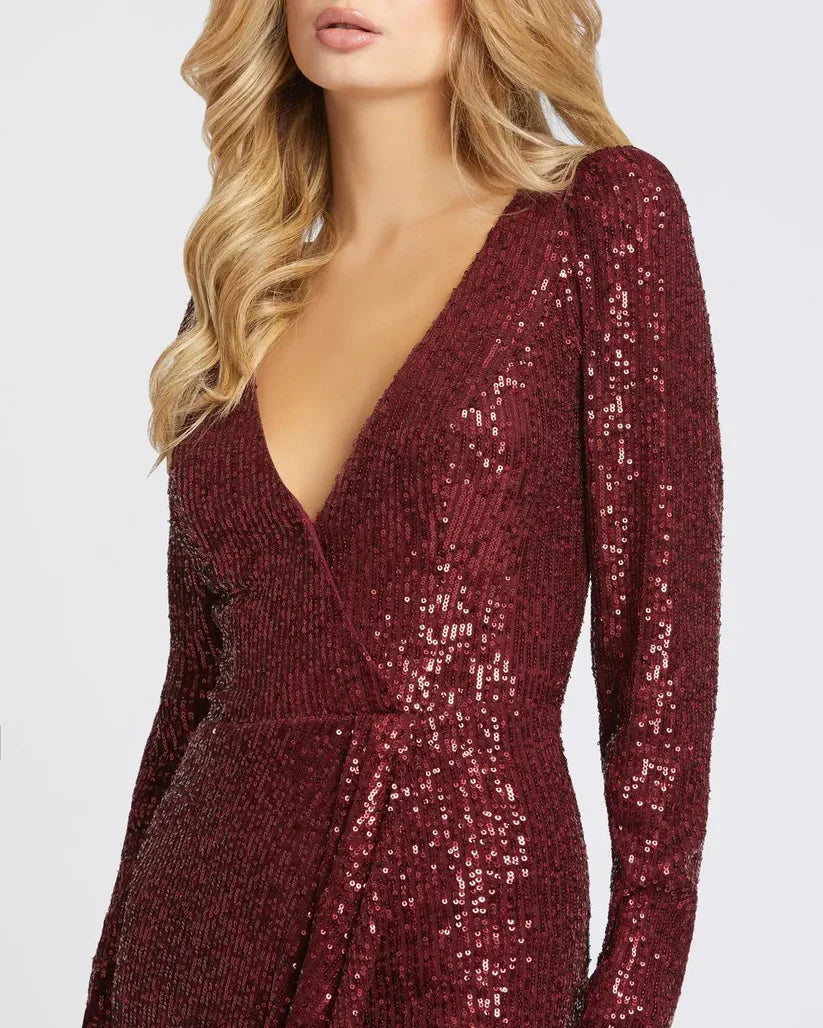 Refined Beautiful Timeless Elegant Burgundy Sequin Sheath Long Sleeve Floor-Length Prom Dress
