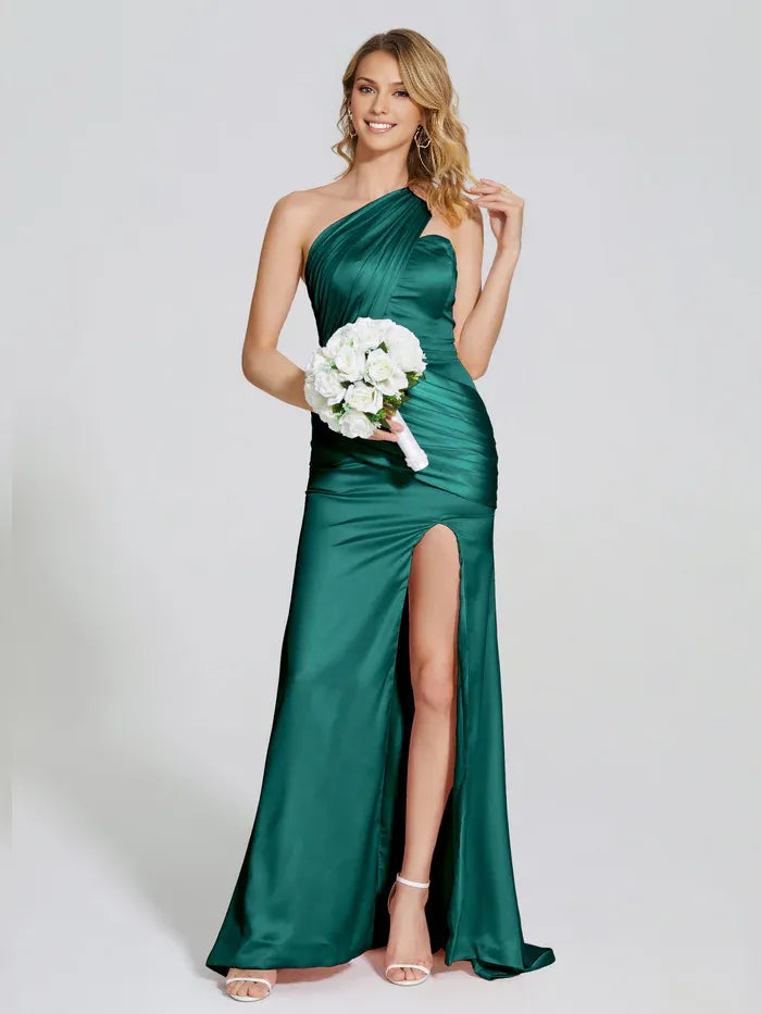 Sophisticated Graceful Stylish Elegant Emerald Green Satin Trumpet One-Shoulder Sleeveless Prom Dress