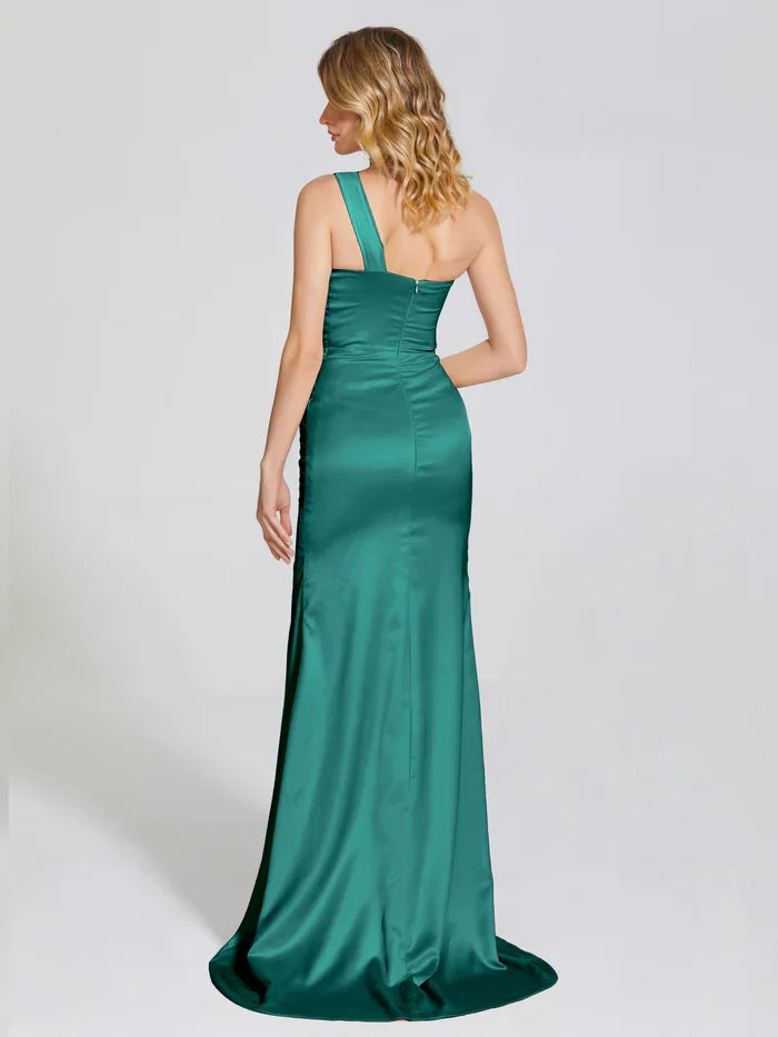 Sophisticated Graceful Stylish Elegant Emerald Green Satin Trumpet One-Shoulder Sleeveless Prom Dress