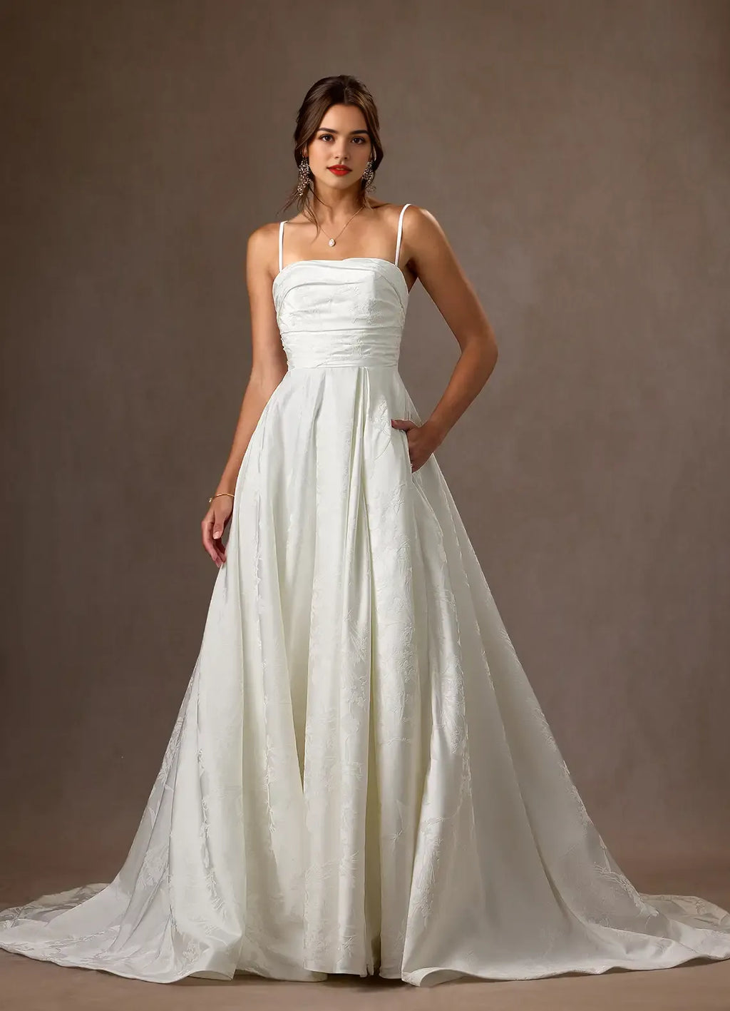 Wedding Dresses for Brides A-Line Strapless Floral Jacquard Neckline Flowy Ball Gown Silhouette Side Slit Functional Train