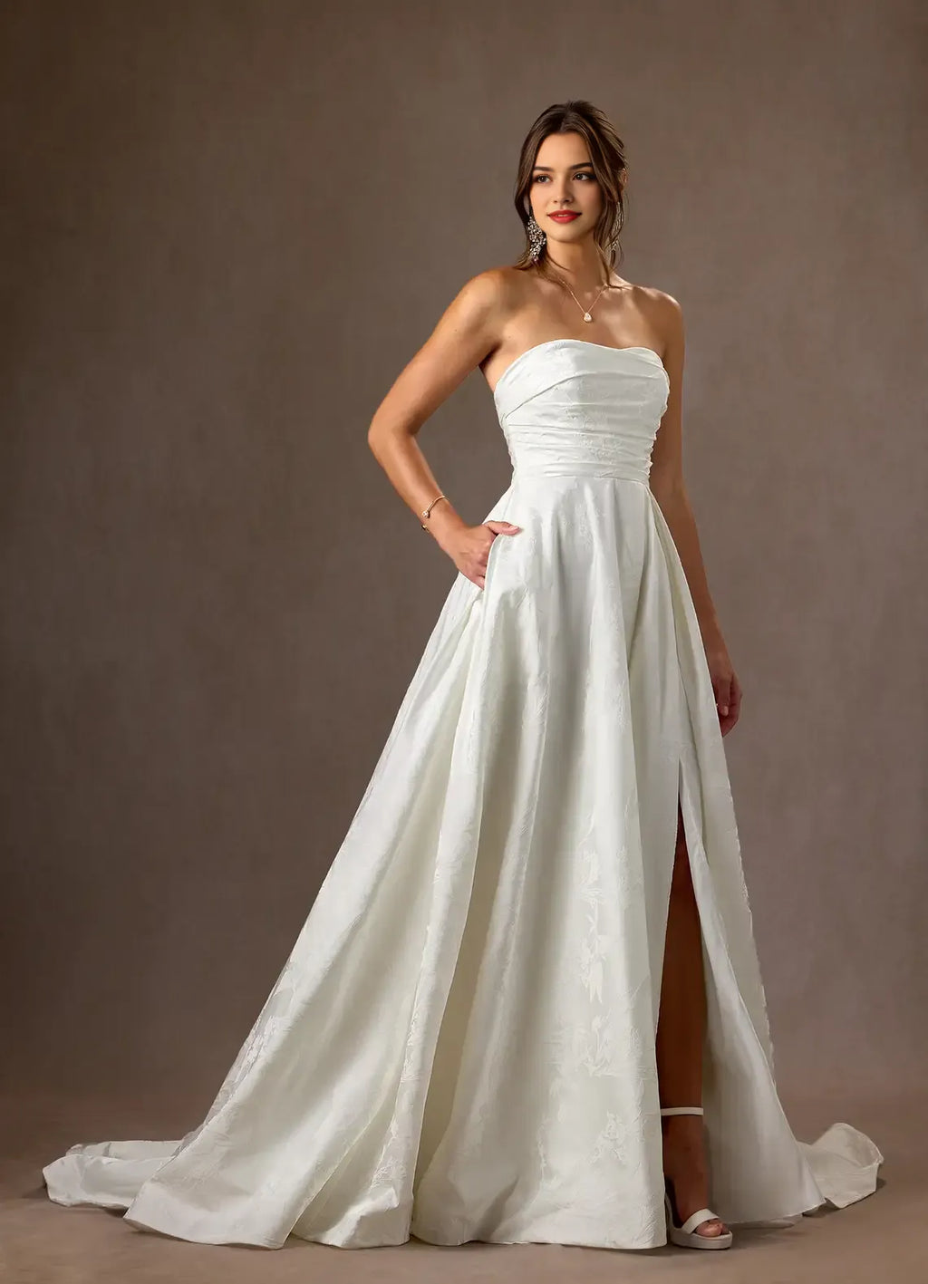 Wedding Dresses for Brides A-Line Strapless Floral Jacquard Neckline Flowy Ball Gown Silhouette Side Slit Functional Train