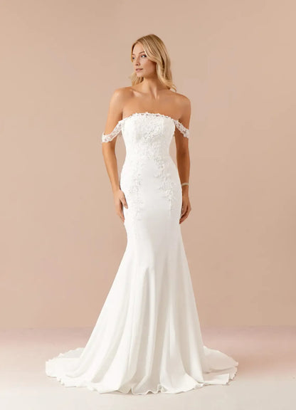 Elegant White Applique Mermaid Classic-Neck Classic-Sleeve Classic-Back Floor-Length Wedding Dress