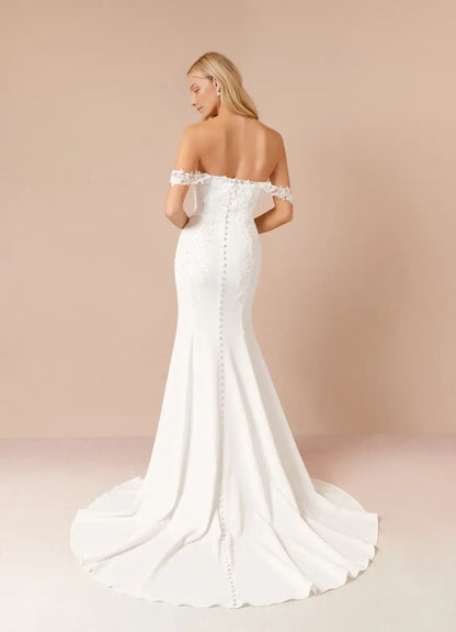 Elegant White Applique Mermaid Classic-Neck Classic-Sleeve Classic-Back Floor-Length Wedding Dress