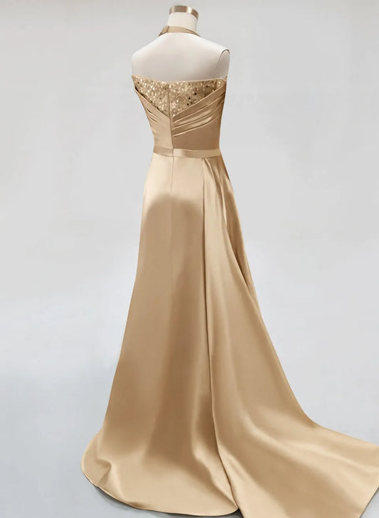 Elegant Red A-Line Halter-Neck Classic-Sleeve Classic-Back Floor-Length Prom Dress