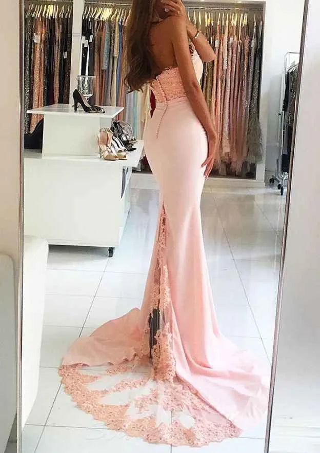 Trumpet/Mermaid Halter Sleeveless Sweep Train Evening Dress With Beading