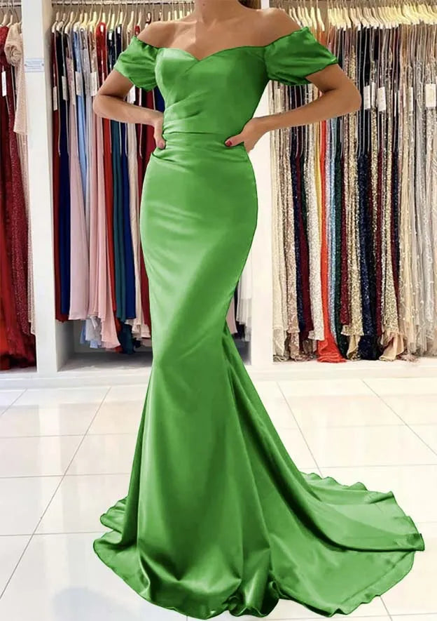 Trumpet/Mermaid Off-the-Shoulder Short Sleeve Sweep Train Prom Dress With Pleated