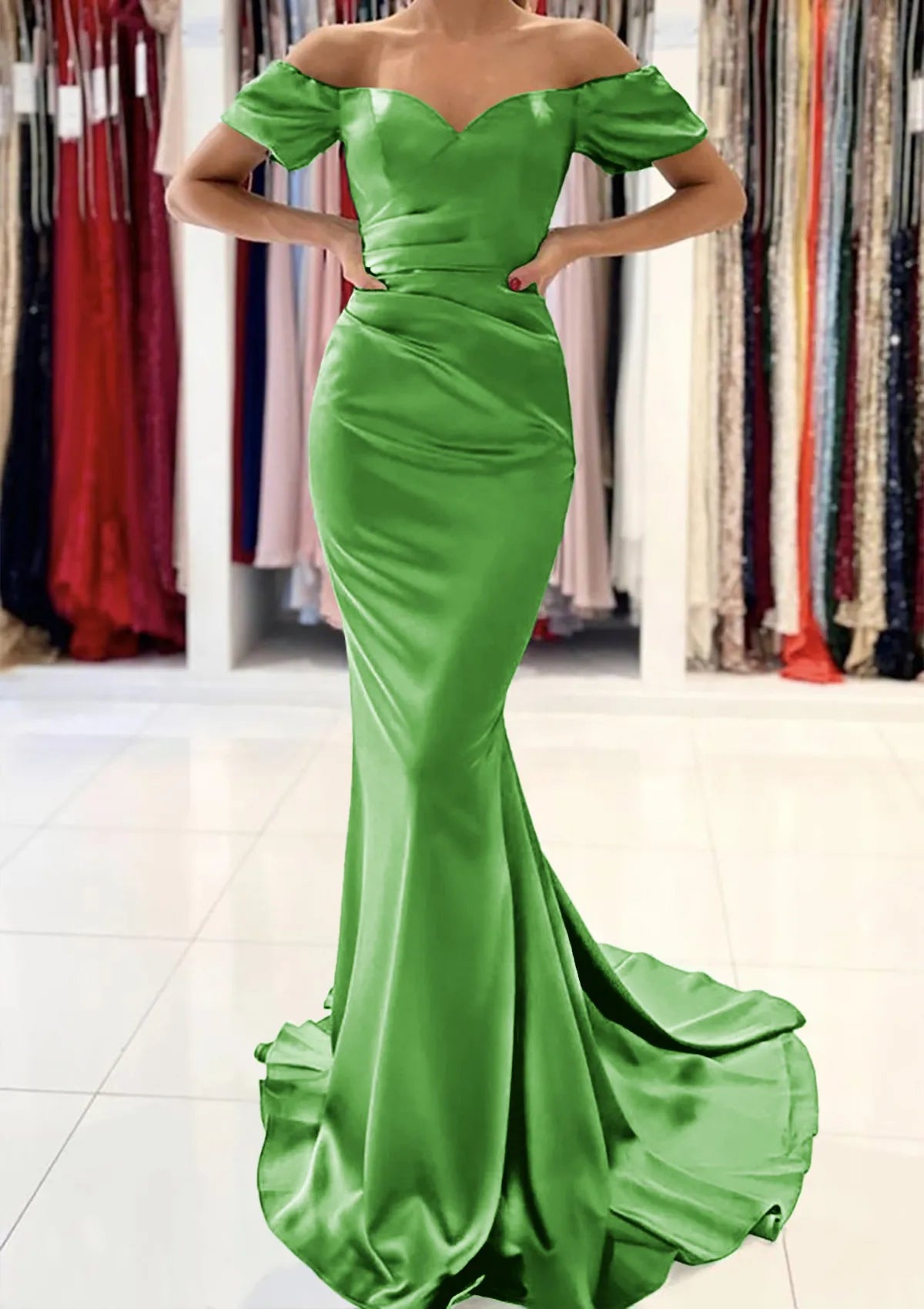 Trumpet/Mermaid Off-the-Shoulder Short Sleeve Sweep Train Prom Dress With Pleated