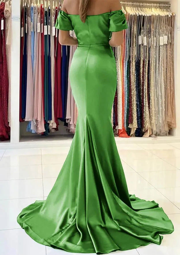 Trumpet/Mermaid Off-the-Shoulder Short Sleeve Sweep Train Prom Dress With Pleated