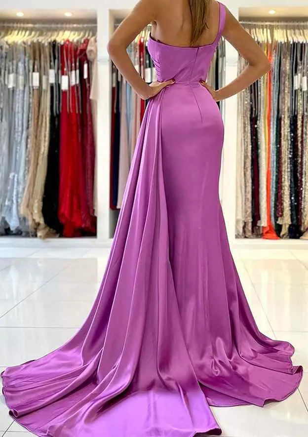 Trumpet/Mermaid One-Shoulder Sleeveless Sweep Train Prom Dress With Pleated