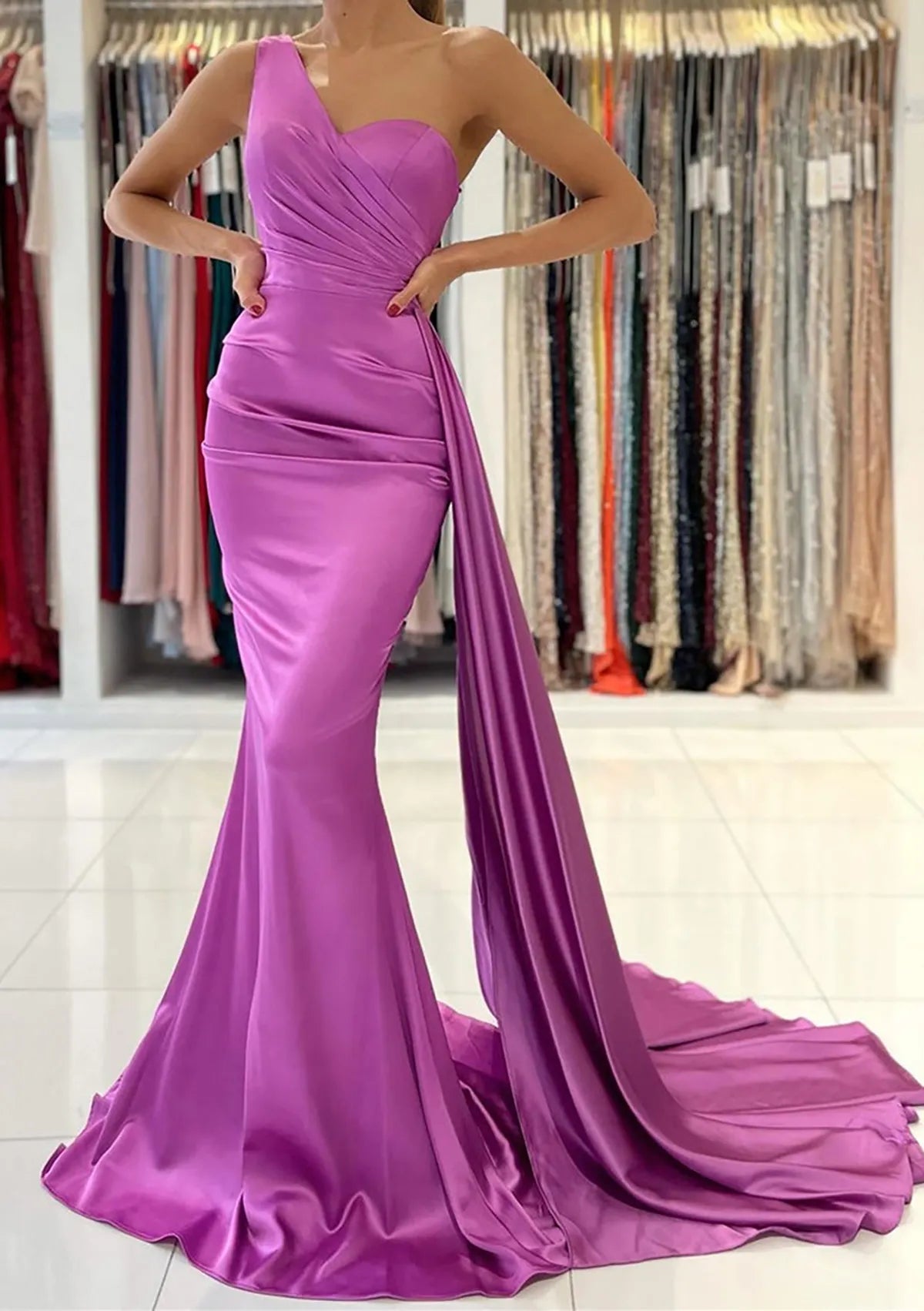 Trumpet/Mermaid One-Shoulder Sleeveless Sweep Train Prom Dress With Pleated
