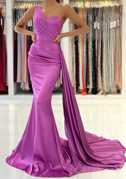 Luxurious Red Pleated Mermaid One-Shoulder Sleeveless Classic-Back Floor-Length Prom Dress
