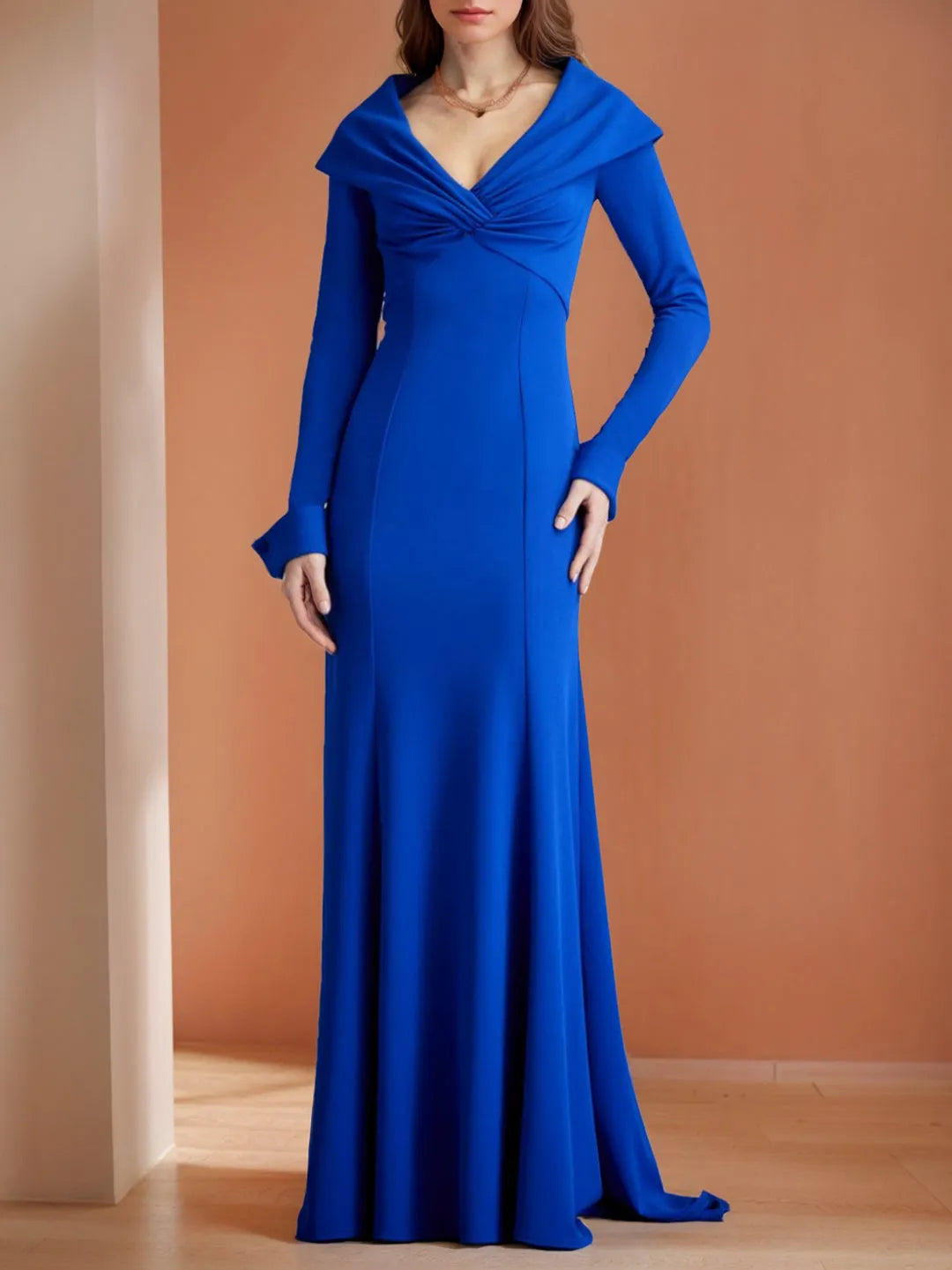 Trumpet V-Neck Long Sleeves Floor-Length Mother of the Bride Dresses with Ruffles