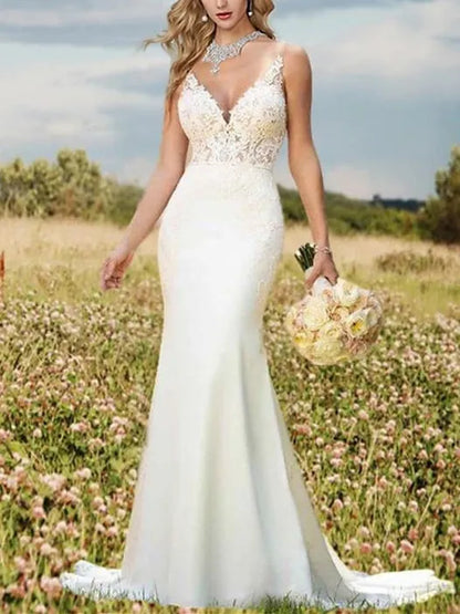 Elegant Red Applique A-Line V-Neck Sleeveless Classic-Back Floor-Length Wedding Dress