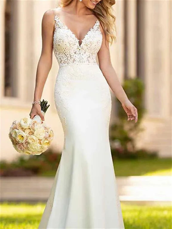 Elegant Red Applique A-Line V-Neck Sleeveless Classic-Back Floor-Length Wedding Dress