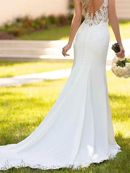 Elegant Red Applique A-Line V-Neck Sleeveless Classic-Back Floor-Length Wedding Dress