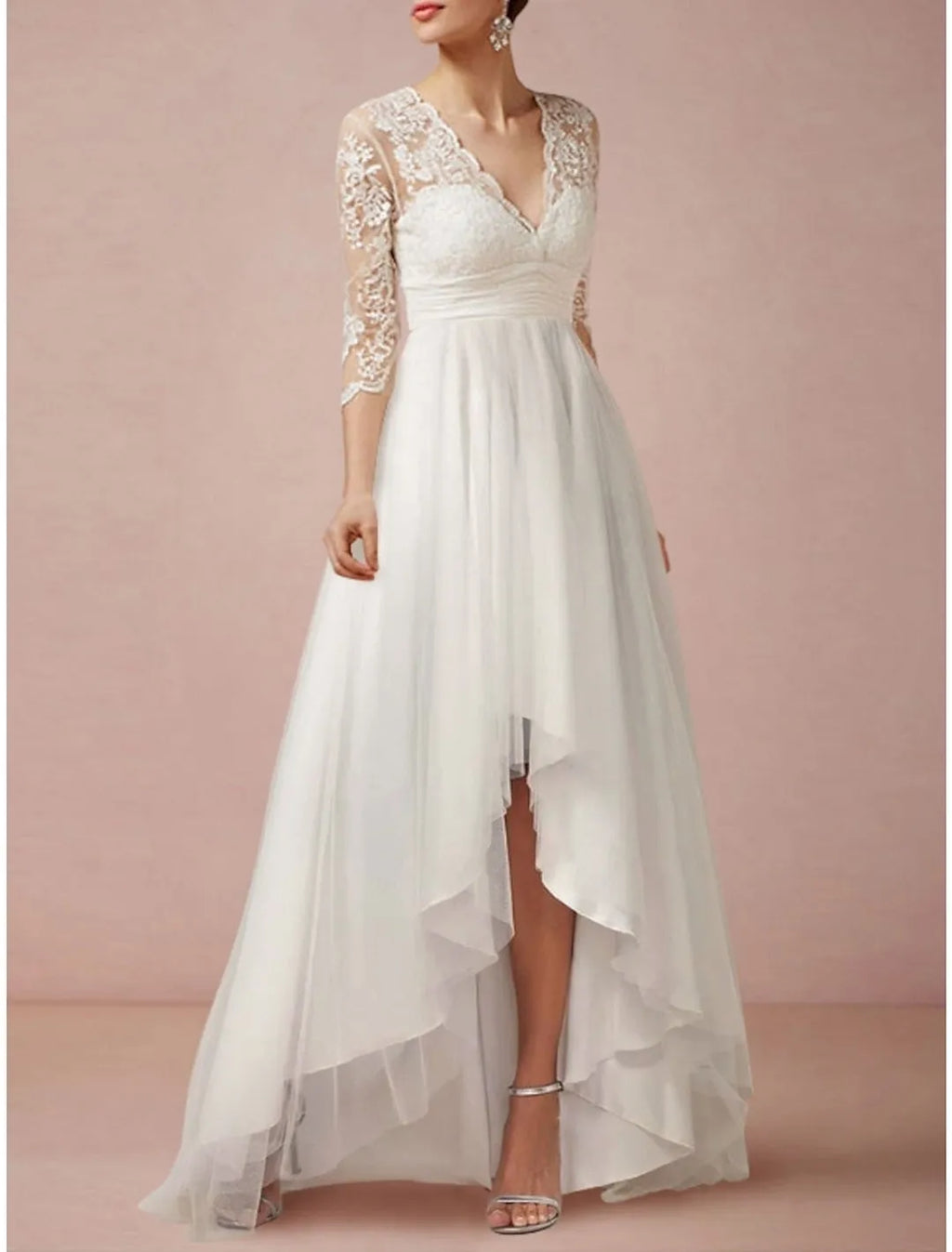 Wedding Gown with Deep V High - Low Hem